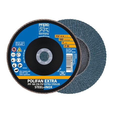 Pferd 7" x 7/8" A.H. POLIFAN Flap Disc - Z PSF EXTRA STEELOX, Zirconia, 36 Grit, Flat 60478